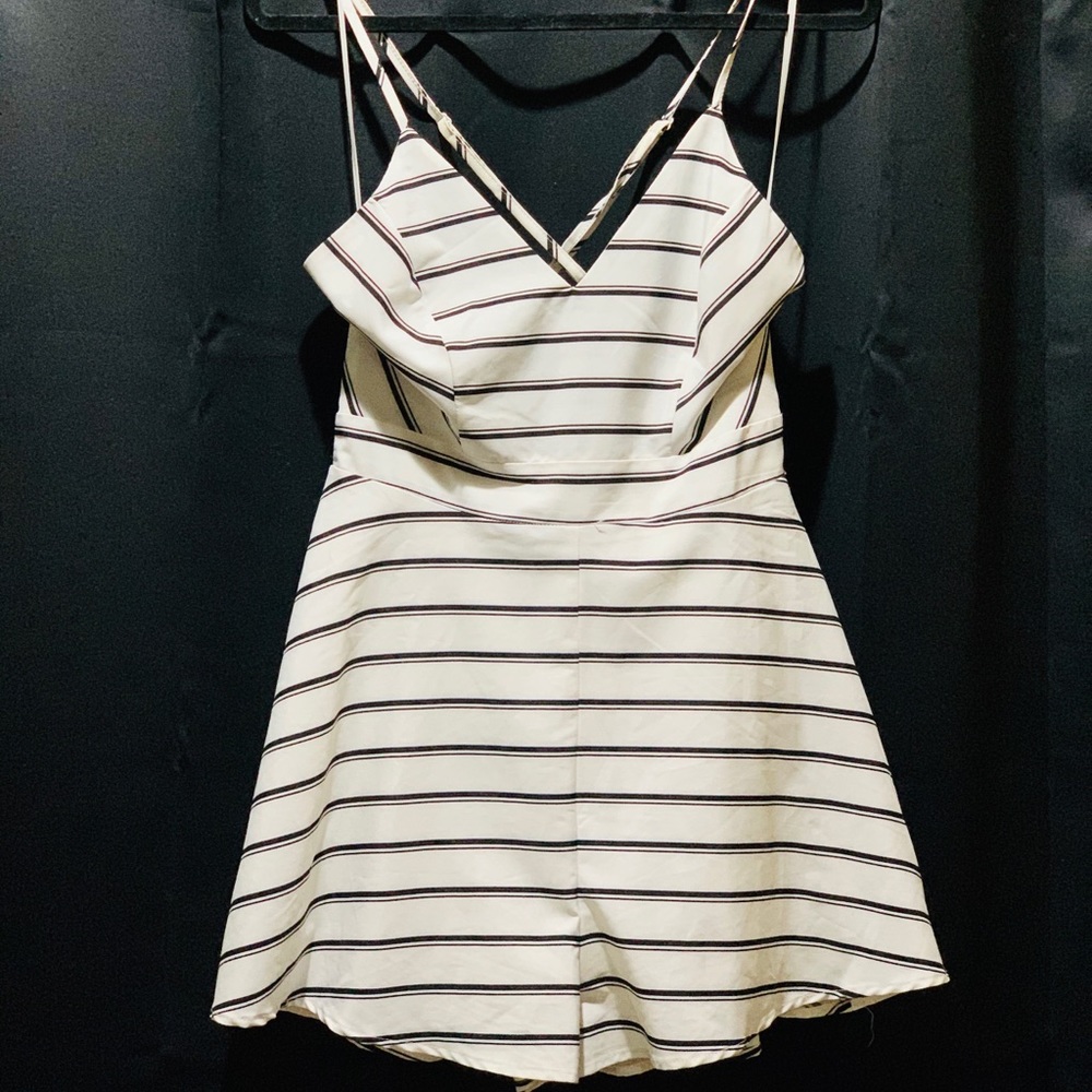 White & Black Striped Flared Romper
